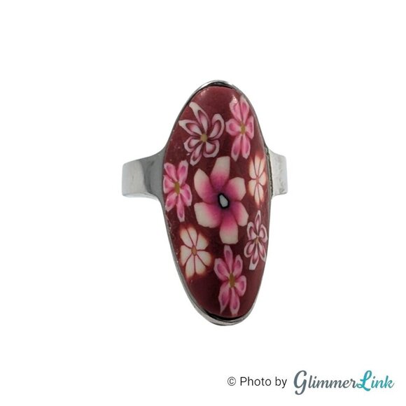 Large Oval Floral Polymer Clay Silver Tone Statement Ring Sz. 10 - Picture 1 of 8